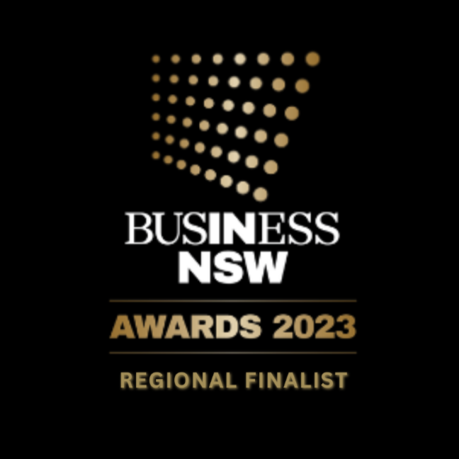 Business NSW Awards 2023 Regional Finalist logo on a black background