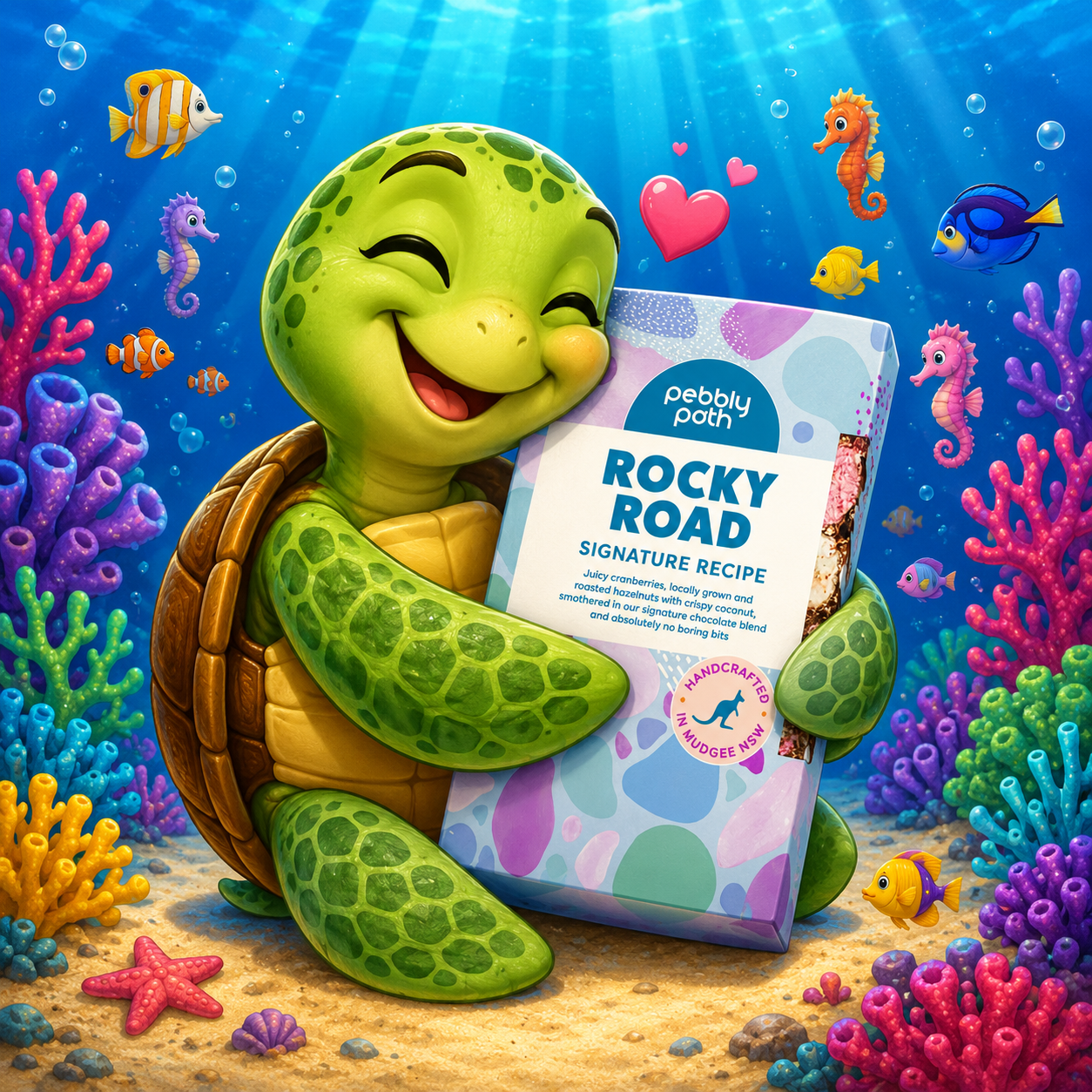 Pebbly Path Signature Recipe rocky road box held by a happy sea turtle underwater - because our packaging is 100% plastic free and 100% home compostable🐢