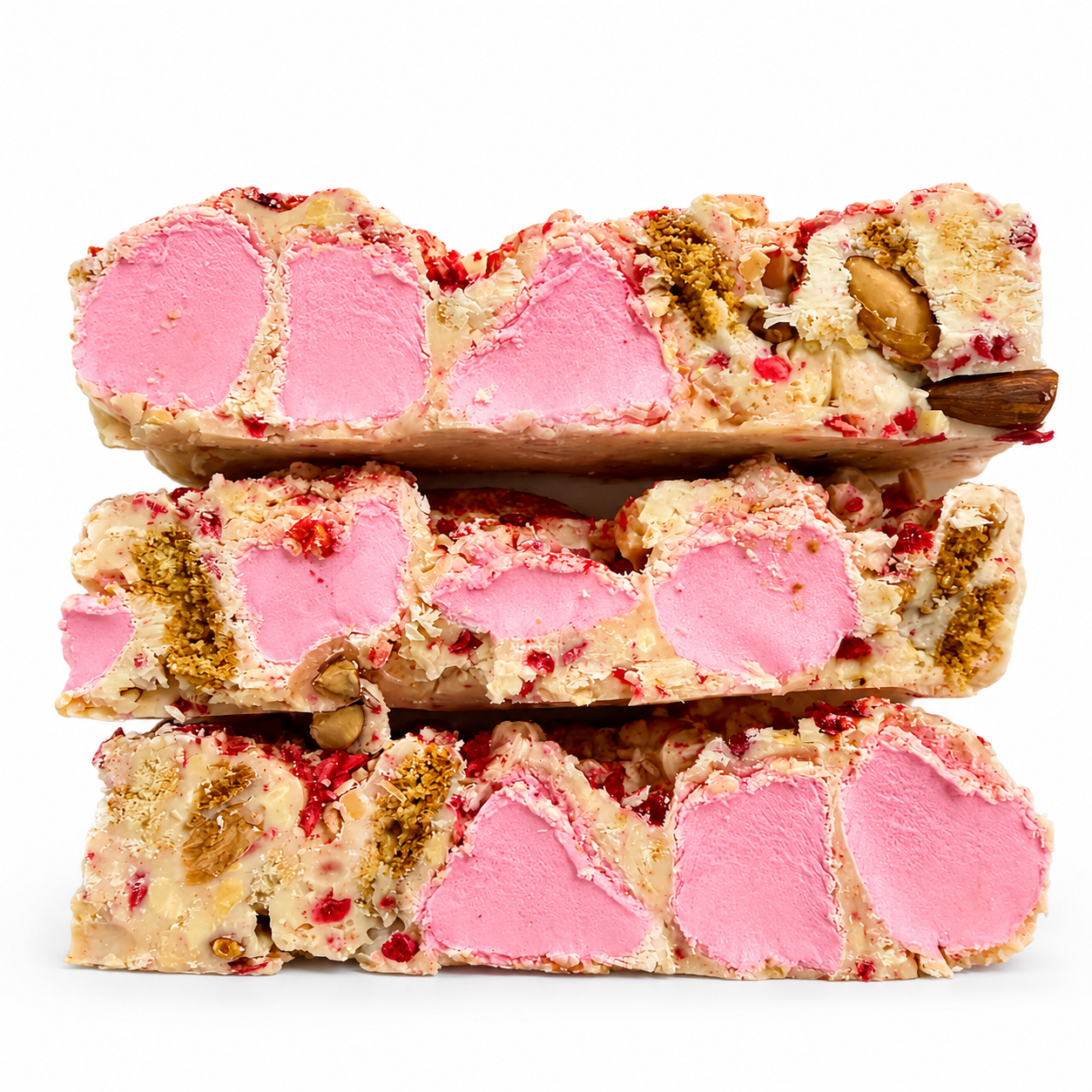 Raspberry Roundabout white chocolate rocky road stacked on a white background with pink marshmallows, raspberries and almonds.