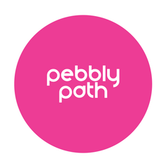 round logo for pebbly path, hot pink circle with white writing says pebbly path