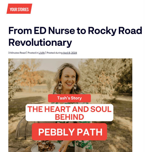 tash is smiling towards something to the side of the camera, there's big red and white text in front of her that says "tash's story, the heart and sould behind pebbly path"