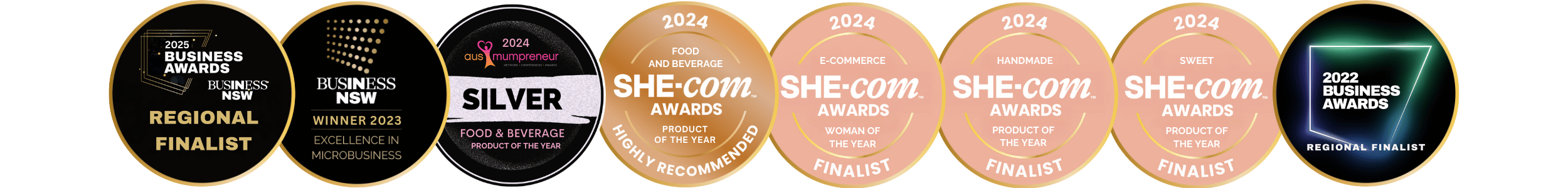 a collection of 8 product award medals and finalist badges for pebbly path from business nsw, ausmumpreneur and she-com product and business awards