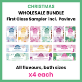 Pebbly Path First Class Sampler Christmas Wholesale Bundle showing all rocky road flavours in both bar sizes, including Pavlova Parkway, displayed as a wholesale assortment with four of each product.