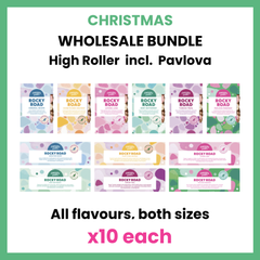 Pebbly Path High Roller Christmas Wholesale Bundle showing all rocky road flavours in both bar sizes, including Pavlova Parkway, displayed as a wholesale assortment with ten of each product.