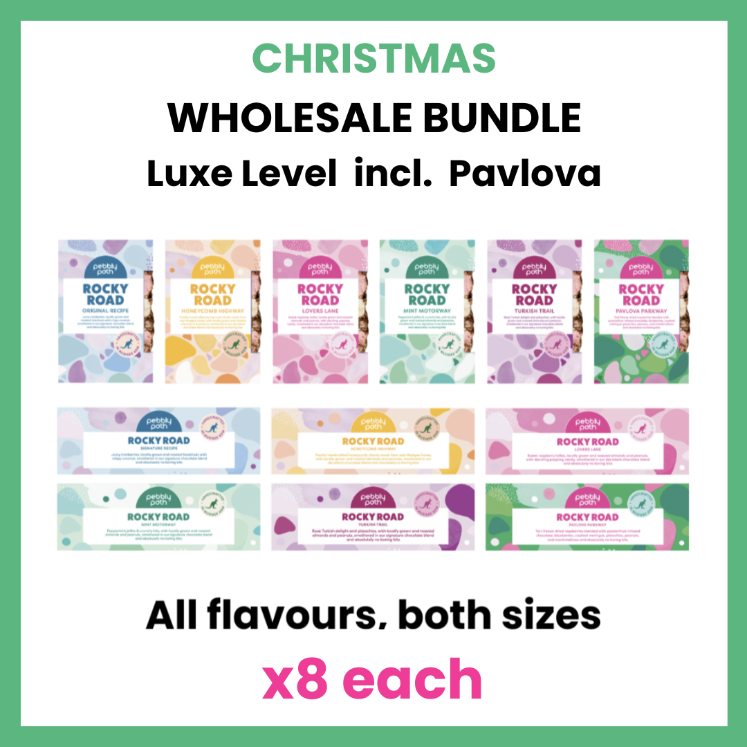 Pebbly Path Luxe Level Christmas Wholesale Bundle showing all rocky road flavours in both bar sizes, including Pavlova Parkway, displayed as a wholesale assortment with eight of each product.