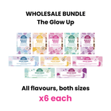 Pebbly Path Glow Up Wholesale Bundle showing all five rocky road flavours in both bar sizes, with six of each product displayed as a wholesale assortment.