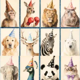 Pebbly Path greeting card featuring a grid of illustrated animals wearing party hats, including a monkey, kangaroo, lion, hippopotamus, dog, deer, zebra, polar bear, elephant, peacock, panda, and cat on a light background.