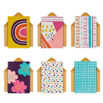 Pebbly Path greeting card assortment featuring six colourful abstract designs, including rainbow shapes, geometric patterns, floral illustrations, confetti-style dots, and a blue gingham pattern, displayed with kraft envelopes.