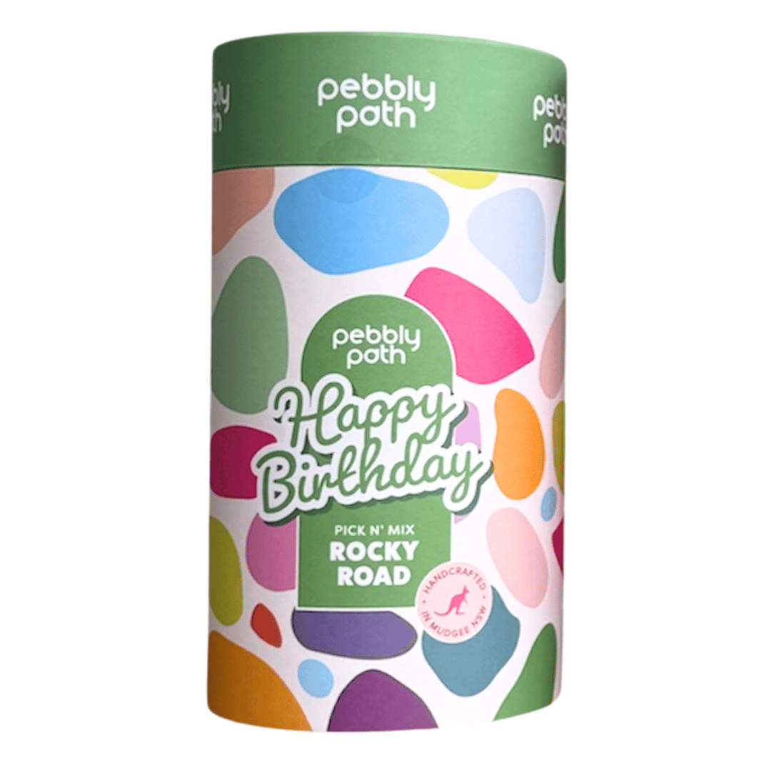 Pebbly Path Happy Birthday Pick n Mix rocky road cylinder, a colourful Australian handmade chocolate gift in premium gift-ready packaging.
