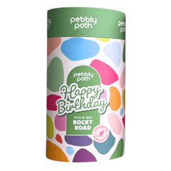 Pebbly Path Happy Birthday Pick n Mix rocky road cylinder, a colourful Australian handmade chocolate gift in premium gift-ready packaging.
