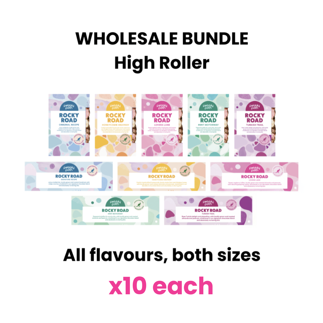 Pebbly Path High Roller Wholesale Bundle showing all five rocky road flavours in both bar sizes, with ten of each product displayed in a wholesale assortment.