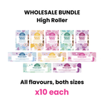 Pebbly Path High Roller Wholesale Bundle showing all five rocky road flavours in both bar sizes, with ten of each product displayed in a wholesale assortment.
