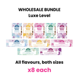 Pebbly Path Luxe Level Wholesale Bundle showing all five rocky road flavours in both bar sizes, with eight of each product displayed in a wholesale assortment.