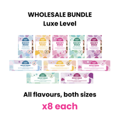 Pebbly Path Luxe Level Wholesale Bundle showing all five rocky road flavours in both bar sizes, with eight of each product displayed in a wholesale assortment.