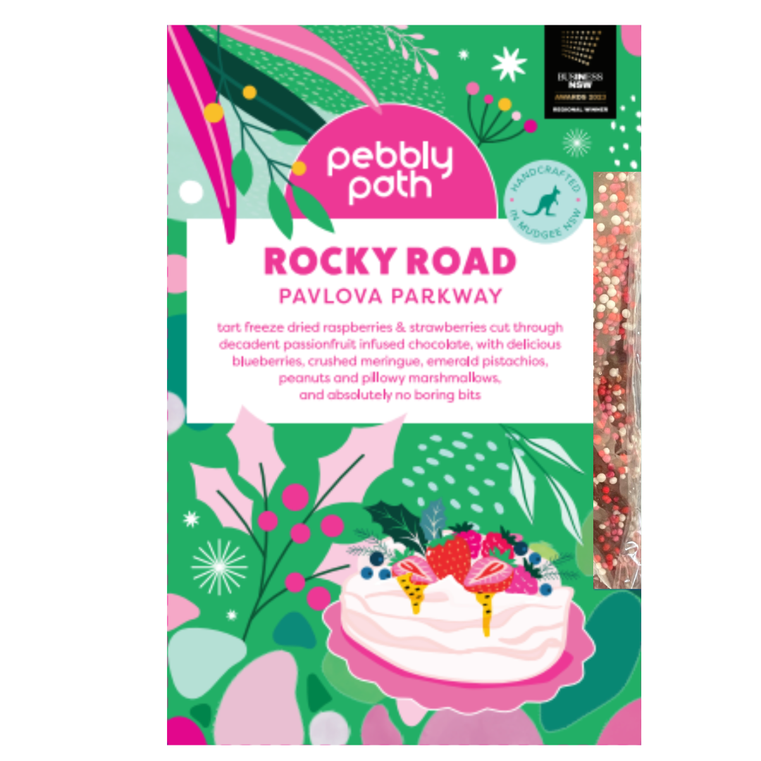 Pebbly Path Pavlova Parkway Rocky Road packaging featuring festive green artwork, pavlova illustration and product flavour details on the front of the box