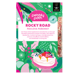 Pebbly Path Pavlova Parkway Rocky Road packaging featuring festive green artwork, pavlova illustration and product flavour details on the front of the box