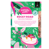 Pebbly Path Pavlova Parkway Rocky Road packaging featuring festive green artwork, pavlova illustration and product flavour details on the front of the box