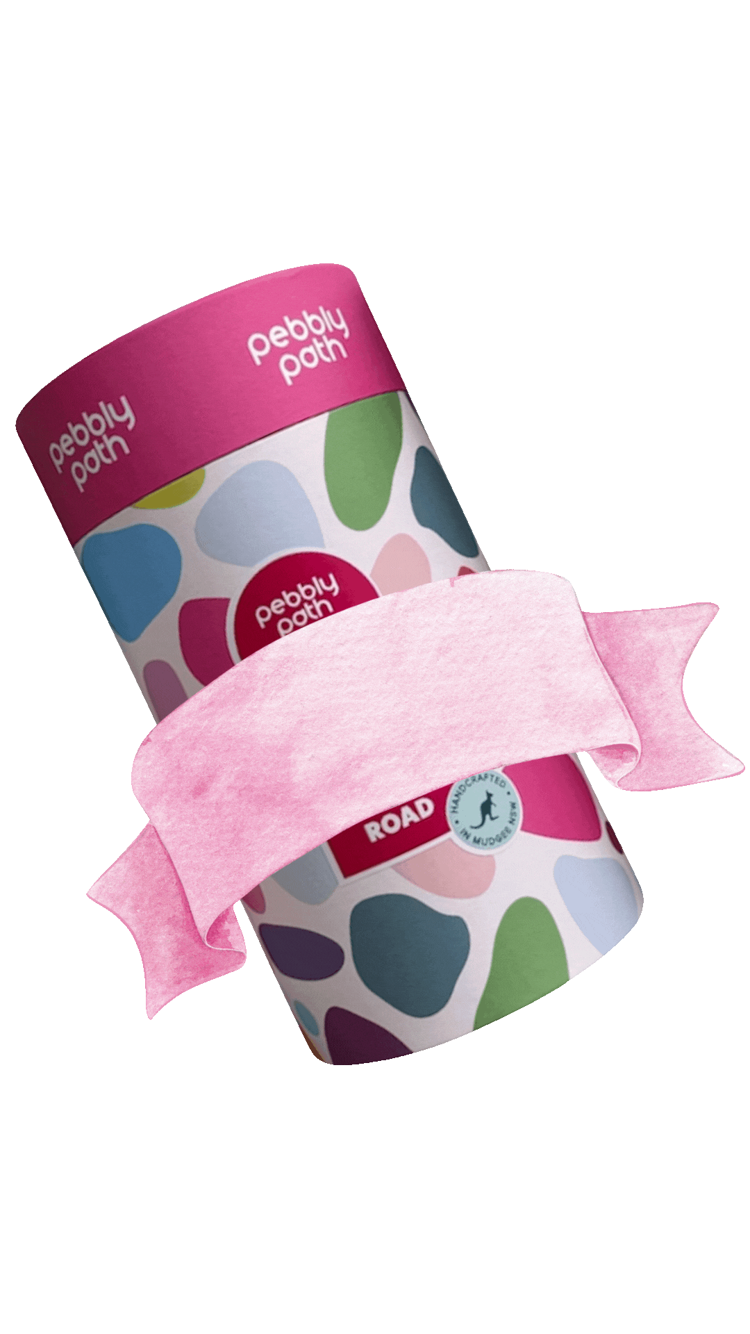 Pebbly Path PERSONALISED Rocky Road Pick n Mix Gift Cylinder featuring colourful signature packaging with a personalised message banner, shown as a standalone product image on a transparent background.