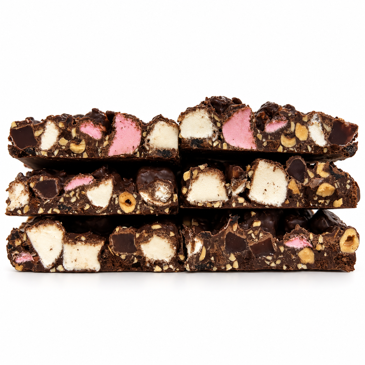 Pebbly Path Black Forest Boulevard Rock Road 200g shown in close-up, with dark chocolate, pink and white marshmallow, and chopped nuts visible in the rocky road.