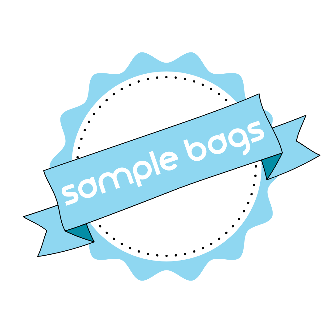 Pebbly Path sample bags promotional badge graphic with a blue ribbon banner and circular seal design on a light background.