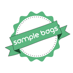 Pebbly Path sample bags badge graphic featuring a green ribbon banner with sample bags text and a circular seal design on a light background.