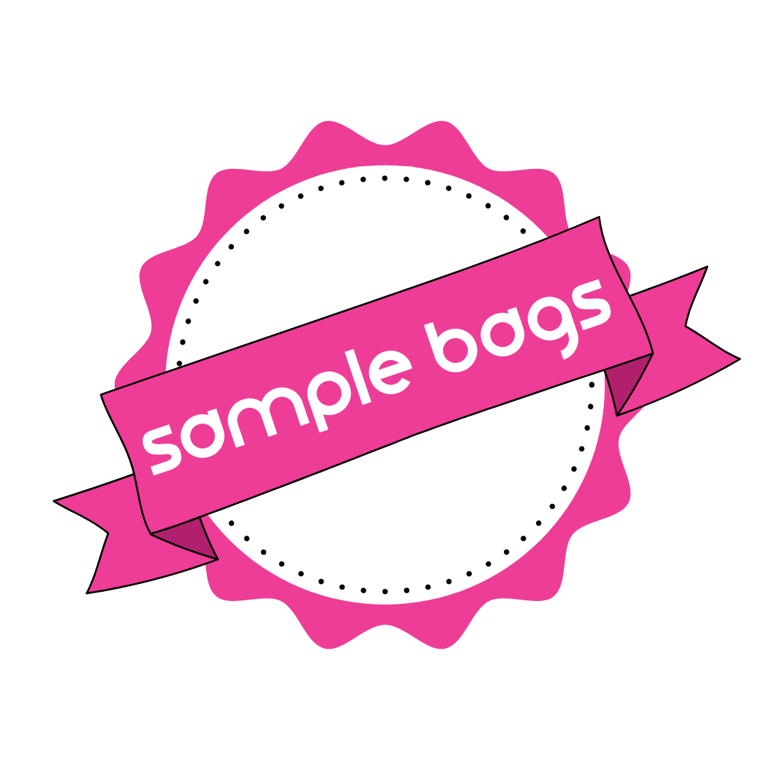 Pebbly Path sample bags badge graphic featuring a pink ribbon banner with sample bags text and a circular seal design on a light background.