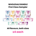 Pebbly Path Wholesale Bundle First Class Sampler showing all five rocky road flavours in both bar sizes, with four of each product displayed in a wholesale assortment.