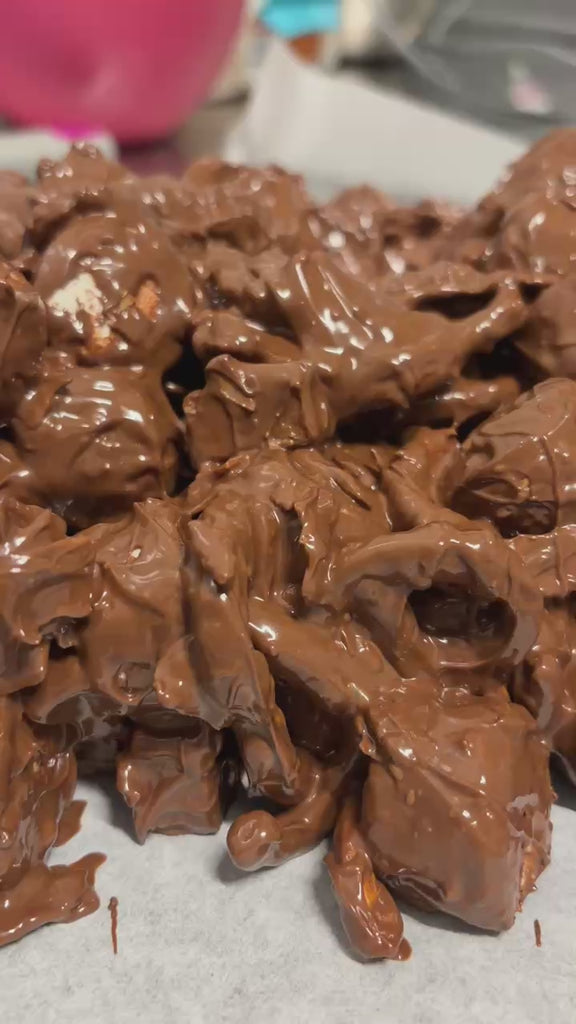 Pebbly Path Salted Caramel Causeway Rocky Road handmade production process with jersey caramels, crunchy pretzels, fluffy marshmallows and salted chocolate being mixed and prepared by hand